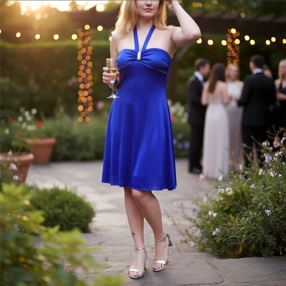 B. Wear Too ✦ Blue Halter Mini Dress ✦ Crystal Accent w/ Satin Glow & Ruffle Hem - Picture 4 of 13